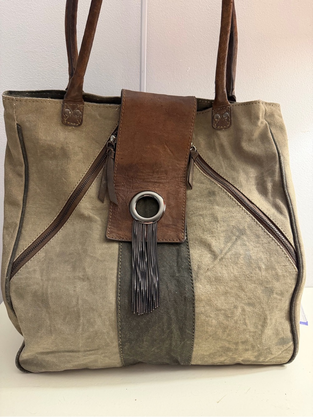 Mona B up-cycled grey canvas tote with brown trim.